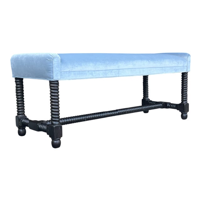 Wood 1970s Jacobean Revival Barley Twist Velvet Upholstered Bench For Sale - Image 7 of 11