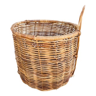 Vintage Extra Large Thick Woven Rattan Basket W/Back Handle For Sale