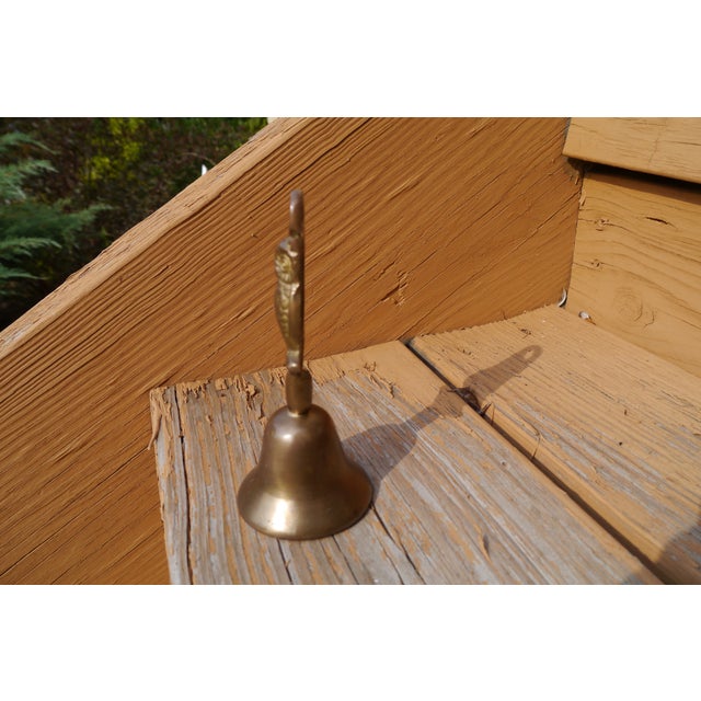 VTG Patina Heavy Solid Brass School Bell W Embossed Figural Owl Shape Handle For Sale - Image 4 of 10