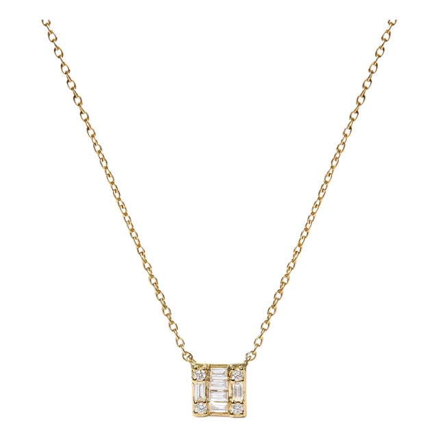 10K Yellow Gold 1/10 Cttw Round and Baguette Diamond Mosaic Composite Square 18" Inch Pendant Necklace (H-I Color, I1-I2 Clarity) For Sale