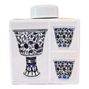 Large Blue and White Decorative Tea Caddy by Fabienne Jouvin
