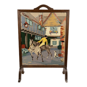 Vintage English Hunt Wool Needlework Fireplace Screen W/ Glass & Wooden Back — Cottagecore Core, Ralph Lauren & Traditional Decors. See Pics!