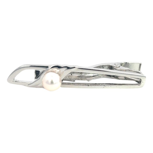 1990s Mikimoto Estate Akoya Pearl Mens Tie Clip Silver 7.15 mm For Sale