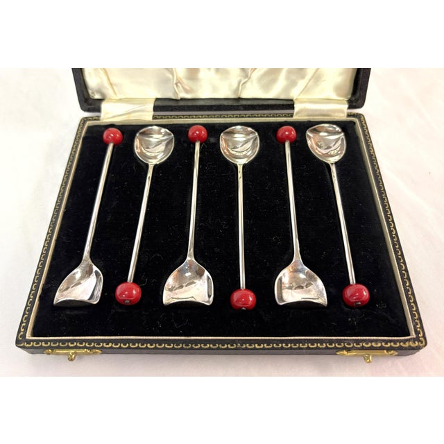 1920s 1920's Art Deco Silverplate Cocktail Muddling Spoons Made in England- Set of 6 in Box For Sale - Image 5 of 18