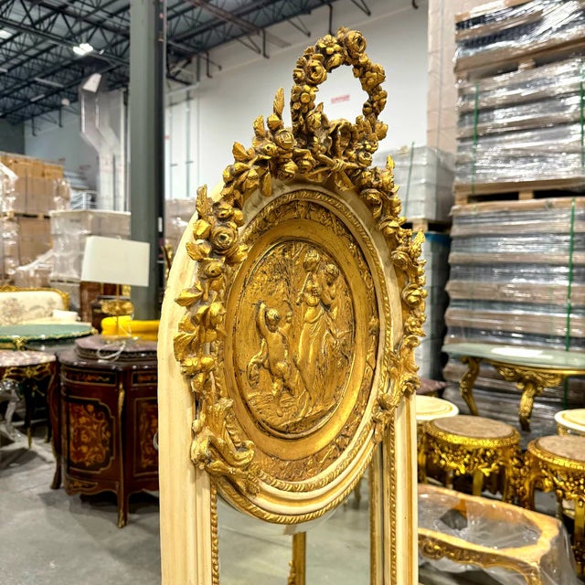 Baroque Style Gold Leaf Floor Mirror – Ornate Carved Off-White/Beige For Sale - Image 4 of 7