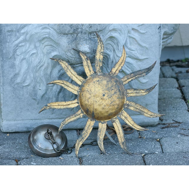 Mid 20th Century Spanish Midcentury Gilt Metal Sunburst Light Fixture with Wavy Rays For Sale - Image 11 of 12