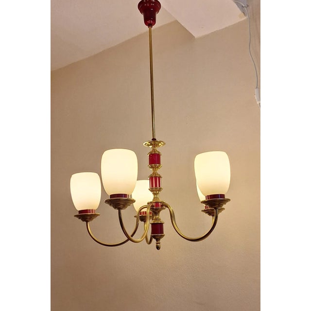 Vintage Chandelier with Brass and Cream-Colored Glass Shades, 1970s For Sale - Image 3 of 7