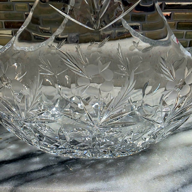 Mid-Century Modern Vintage Irena Glass Co. Poland Hand-Cut Lead Crystal Bridal Basket For Sale - Image 3 of 7