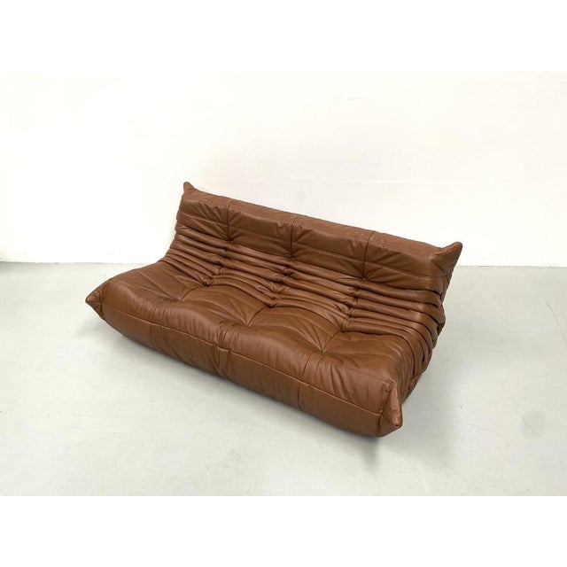 1970s French Togo Sofa in Dark Cognac Leather attributed to Michel Ducaroy for Ligne Roset For Sale - Image 5 of 15
