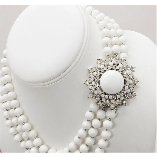 Trifari Vintage 1950s Signed Crown Trifari Beaded Rhinestone Necklace/Detachable Brooch For Sale - Image 4 of 12