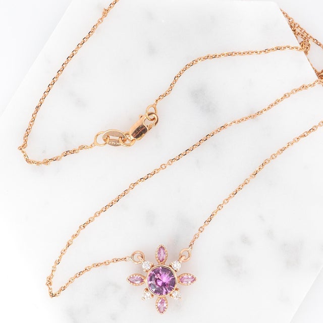 2020s Pink Sapphire Pendant, Diamond and Sapphire Accents: Solid 14k Gold With Chain For Sale - Image 5 of 9