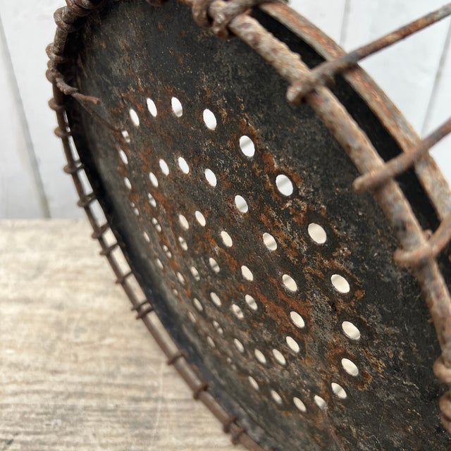 Brown Vintage Rustic Metal Wire Egg Basket With Perforated Bottom For Sale - Image 8 of 10