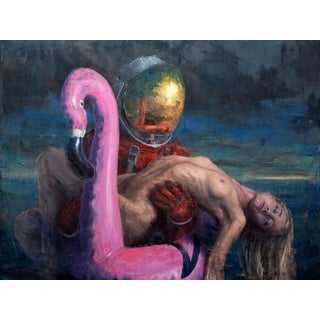 You Are Not Alone Anymore by Andreas Claussen | Oil on canvas Astronaut holding a woman on a flamingo. For Sale