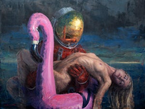 You Are Not Alone Anymore by Andreas Claussen | Oil on canvas Astronaut holding a woman on a flamingo.