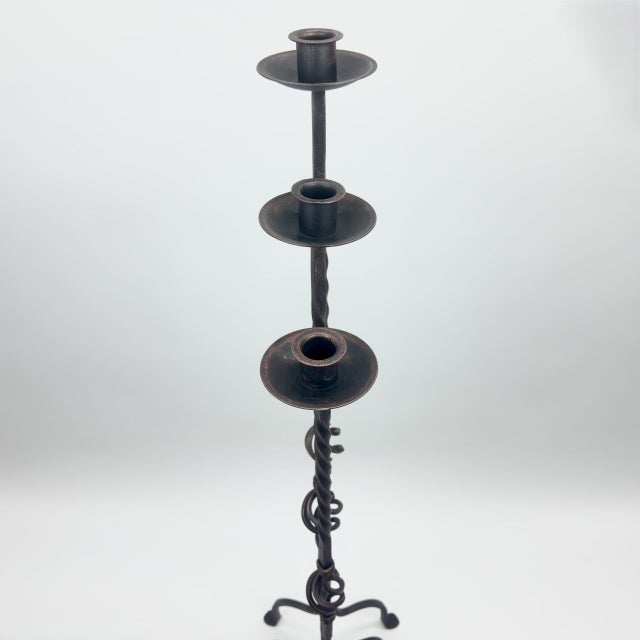 Hand Forged Iron Candelabra Set of 3 (101-121cm) Antique Copper Finish Heavy Rope Twist Stem with Openwork Cage Detail For Sale - Image 6 of 8