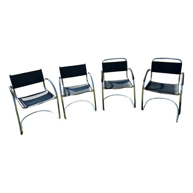 Vintage Bauhaus Tubular Chrome and Black Armchair, 1970s, Set of 4 For Sale