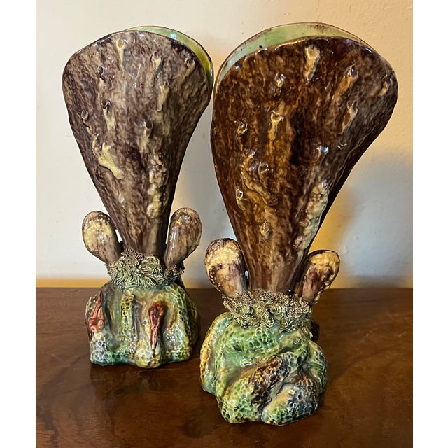Victorian Antique 19th Century French Majolica Palissy Ware Sea Shell Form Vases - a Pair For Sale - Image 3 of 12