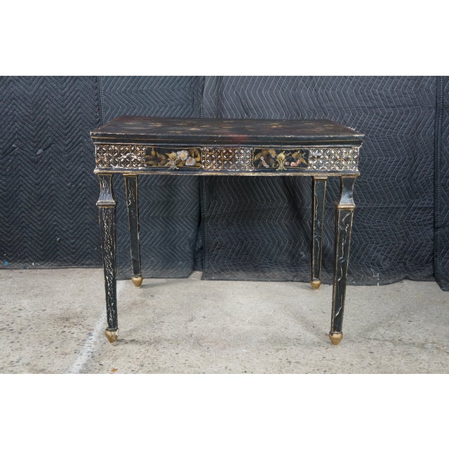 Late 20th Century Vintage Chinoiserie Black Lacquered Floral Bird Writing Desk Library Table 35" For Sale - Image 5 of 18