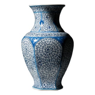 Handmade Ceramic Iznik Vase (Faceted Form) Blue Golden Horn (Halic) Style Scroll Pattern For Sale