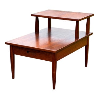 1950s Vintage Mid-Century Modern Walnut Two Tiered End Table With Single Drawer For Sale