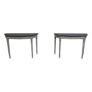Pair Italian Made French Louis XVI Marble Top Console Tables For Sale