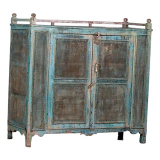 Vintage Indian Painted Teakwood Mesh Door Food Cabinet For Sale