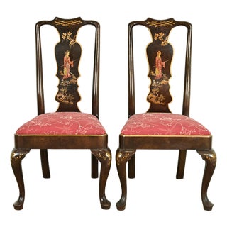 Henredon Chinoiserie Queen Anne Hand Painted Oak Side Chairs or Dining Chairs, Pair For Sale