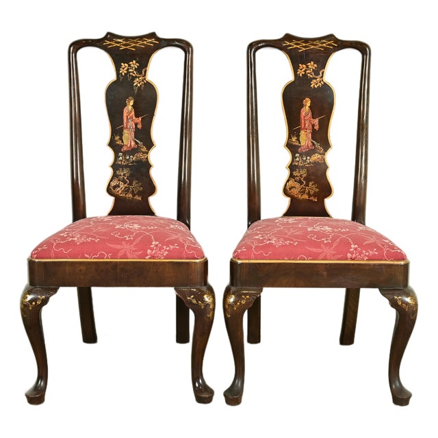 Henredon Chinoiserie Queen Anne Hand Painted Oak Side Chairs or Dining Chairs, Pair For Sale