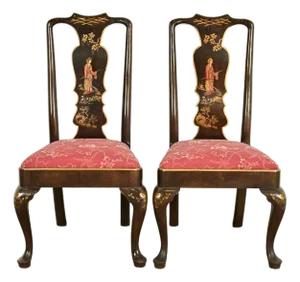 Henredon Chinoiserie Queen Anne Hand Painted Oak Side Chairs or Dining Chairs, Pair