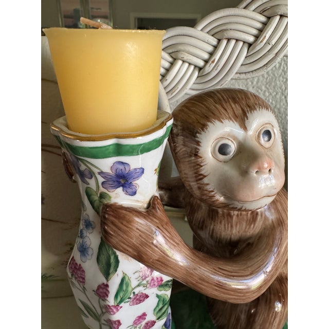 Ceramic Antique Pair of Early Export Chinoiserie Ceramic Monkey Vase/Candlestick Holders For Sale - Image 7 of 12
