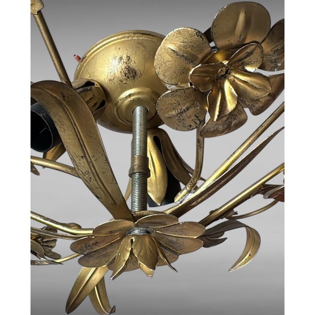 Vintage Italian Florentine Style Gilt Wrought Iron Flush Mount Ceiling Light For Sale - Image 16 of 18