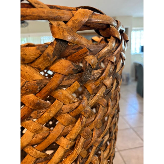 Vintage Oversized Tortoise Shell Burnt Bamboo Burl Floor Basket Planter Beautifully handwoven with thick, burnt bamboo in...