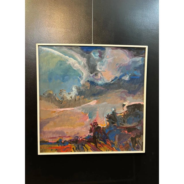 This painting by Jean Krille presents an expressive, abstract landscape, where the sky takes center stage. Swirling clouds...