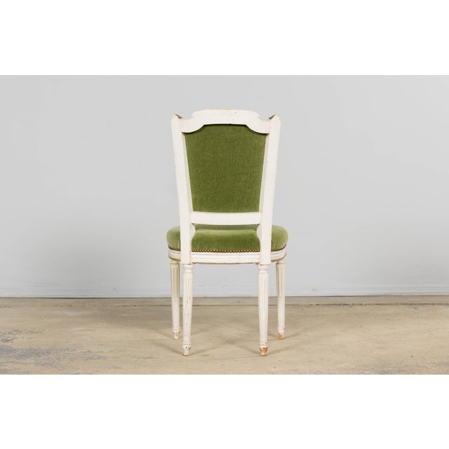 Antique French Louis XVI Style Painted Accent Chair in Moss Green Mohair For Sale - Image 11 of 18