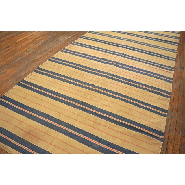 Indian 1930s Blue Yellow Stripe Antique Indian Cotton Dhurrie Rug 6' 6" X 13' 4" Flatweave Carpet For Sale - Image 3 of 5