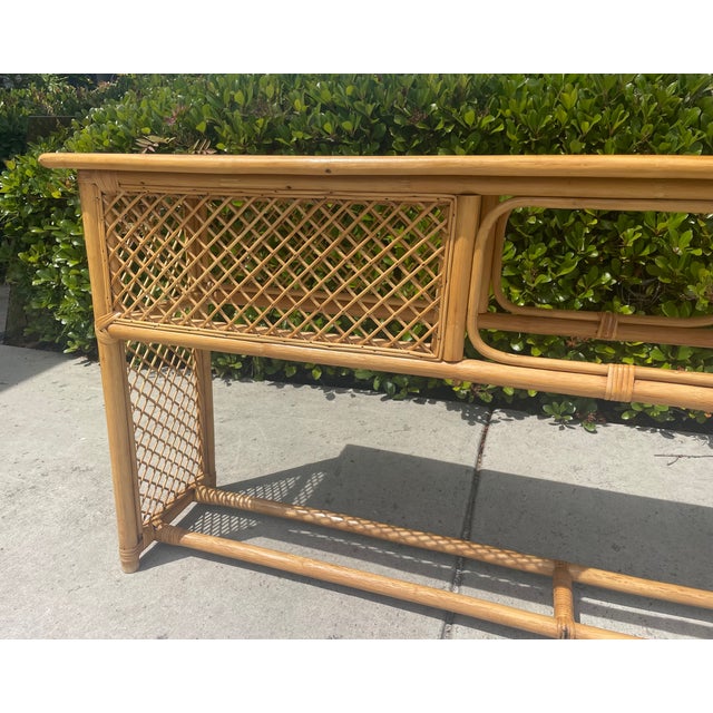 Vintage Rattan Console Sofa Table Woven Trellis Design For Sale In San Diego - Image 6 of 8