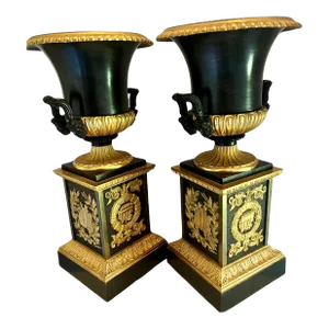 Mid 19th Century French Empire Dore Bronze Urns on Pedestals - A Pair