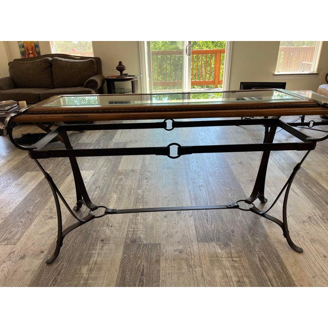 Hermès Jacques Adnet, Hermes Style Vintage Equestrian Style Forged Iron & Braided Leather Console Table With Beveled Glass Top For Sale - Image 4 of 5