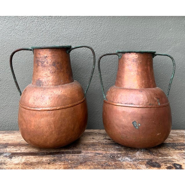 Copper Vintage Moroccan Patinated Hammered Copper Water Jugs - A Pair For Sale - Image 8 of 12