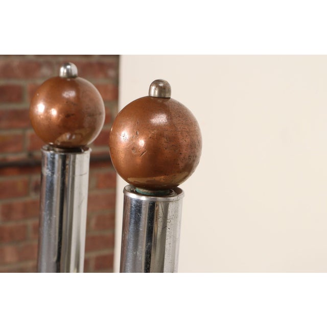 Pair of Art Deco Chrome and Copper Column Form Andirons For Sale - Image 9 of 18
