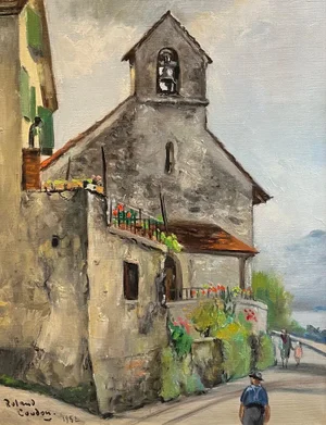 Roland Coudan, Bell Tower, Oil on Canvas, 1952, Framed