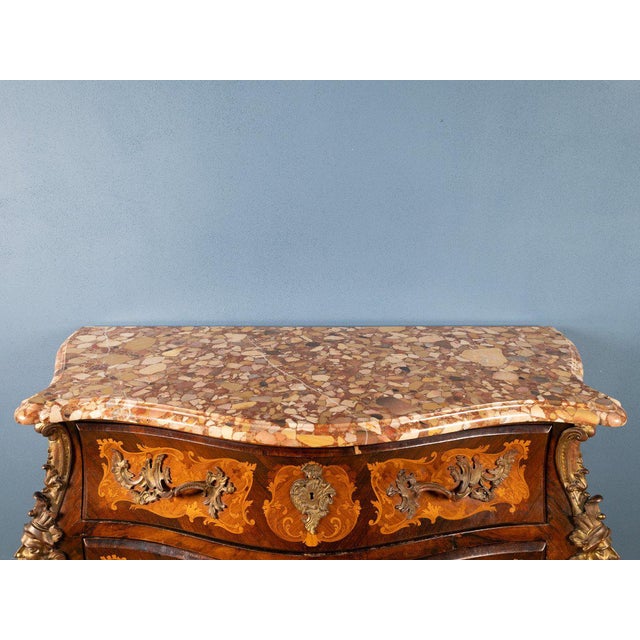 Louis XIV Style Curved Chest of Drawers with Inlays, Gilded Bronze Finishes and Marble Top For Sale - Image 5 of 8