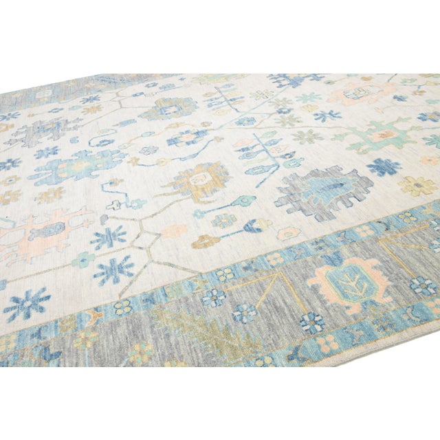 Textile Contemporary Hand-Knotted Floral Oushak Style Wool Rug in Beige For Sale - Image 7 of 9