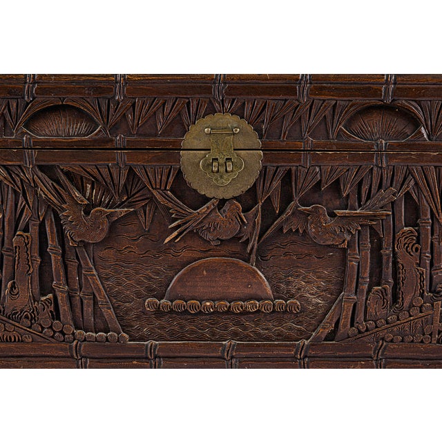 Brown 36" Vintage Antique Chinese Carved Camphor Chest Featuring Guan Yin For Sale - Image 8 of 18