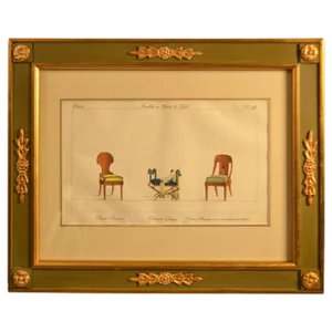 19th Century Framed Hand Colored Engraving of Furnishings