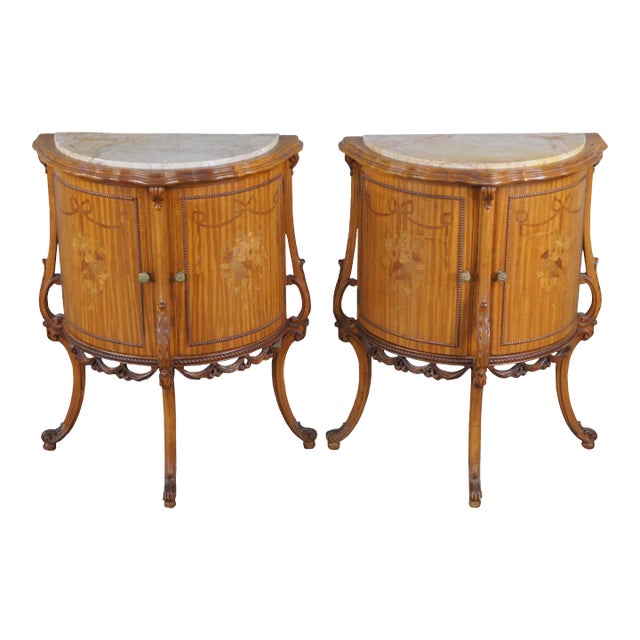 Late 19th Century Antique French Neoclassical Demilune Satinwood Marble Cabinet Side Tables - Set of 2 For Sale