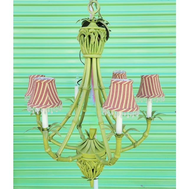 Vintage Custom Painted Pale Green Carved Palm Tree Faux Bamboo Iron 6 Light Regency Chandelier For Sale - Image 10 of 10