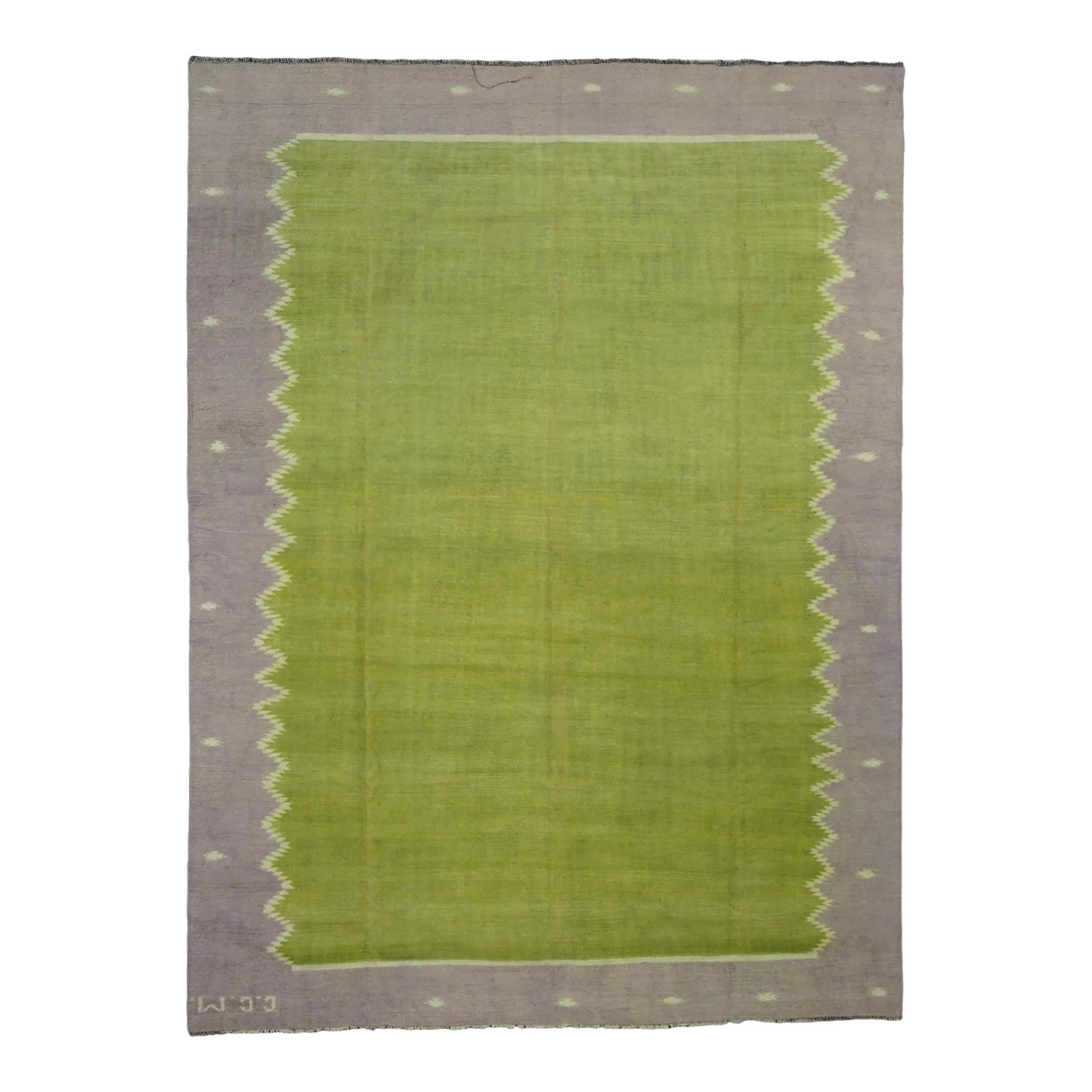 Vintage Dhurrie Solid Rug in Chartreuse With Brown Geometric Border ...