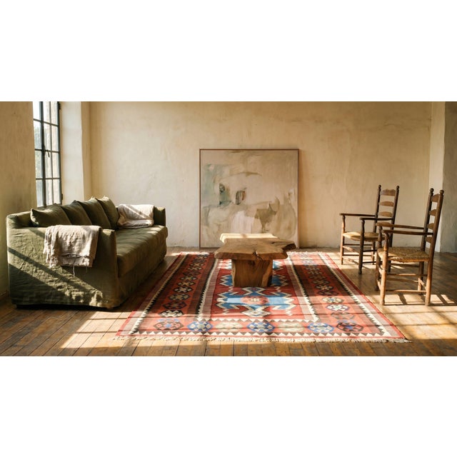 1890s Red Geometric Tribal Antique Kilim Oushak Rug 4'10" X 9'7" Flatweave Wool Carpet For Sale In New York - Image 6 of 7