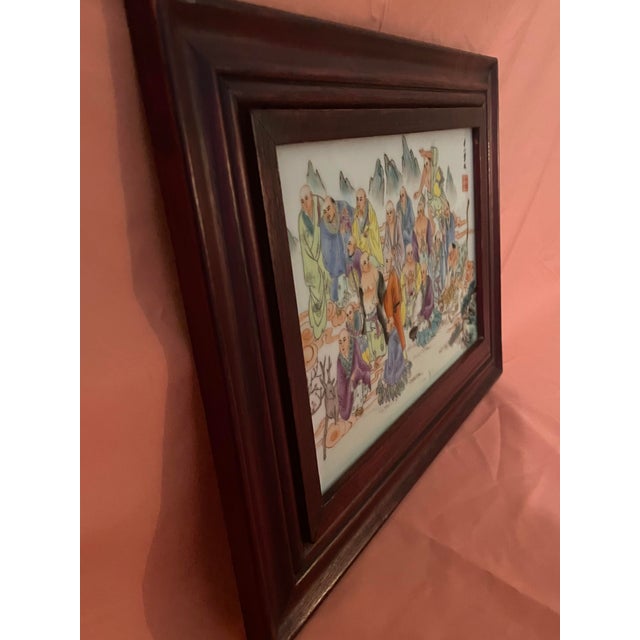 White Late 20th Century Chinese Jingdezhen Famille Rose "18 Arhats" Porcelain Plaque - Framed For Sale - Image 8 of 11